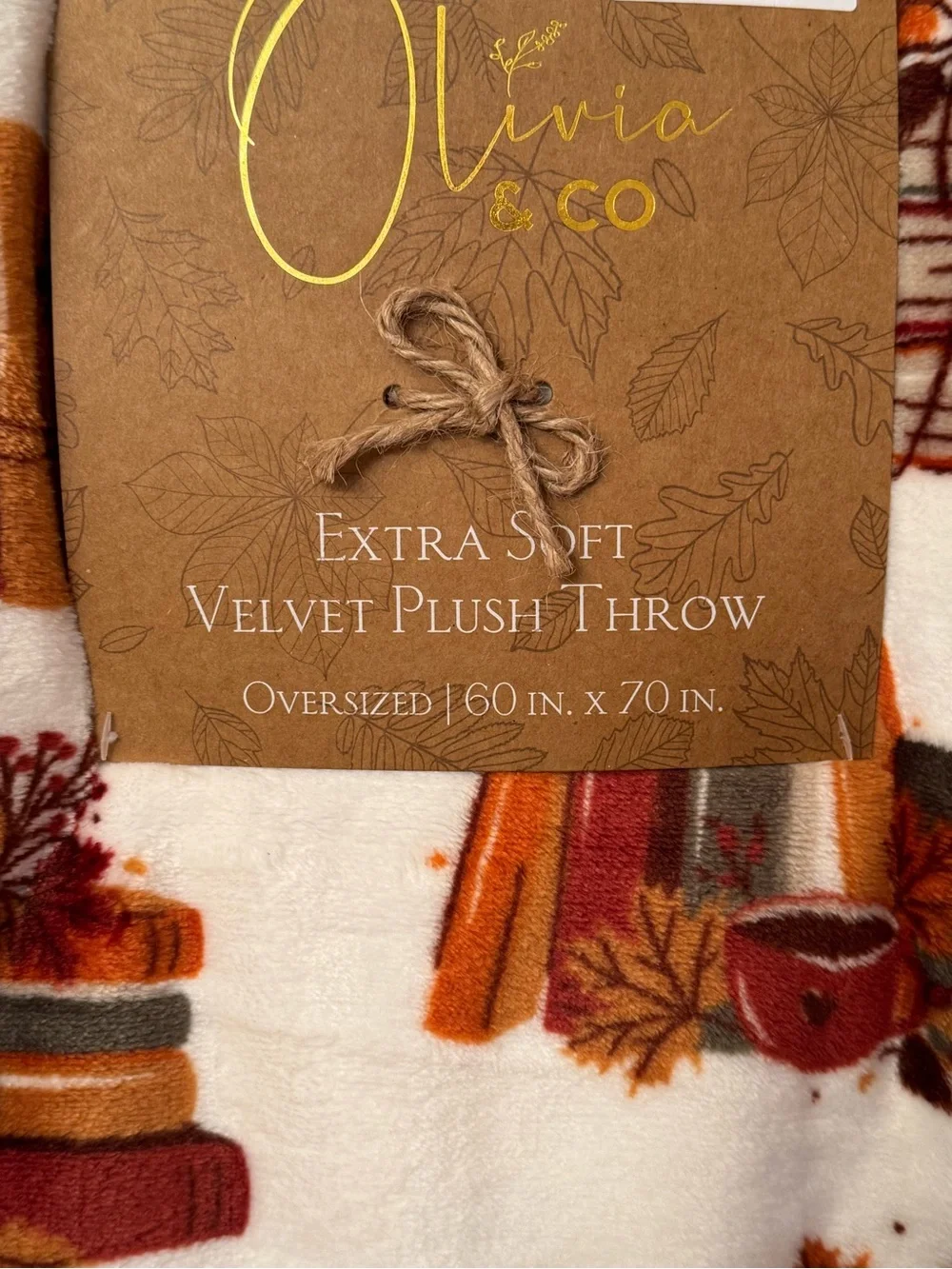 White Velvet Plush Throw Blanket with Autumn Bookstack Design